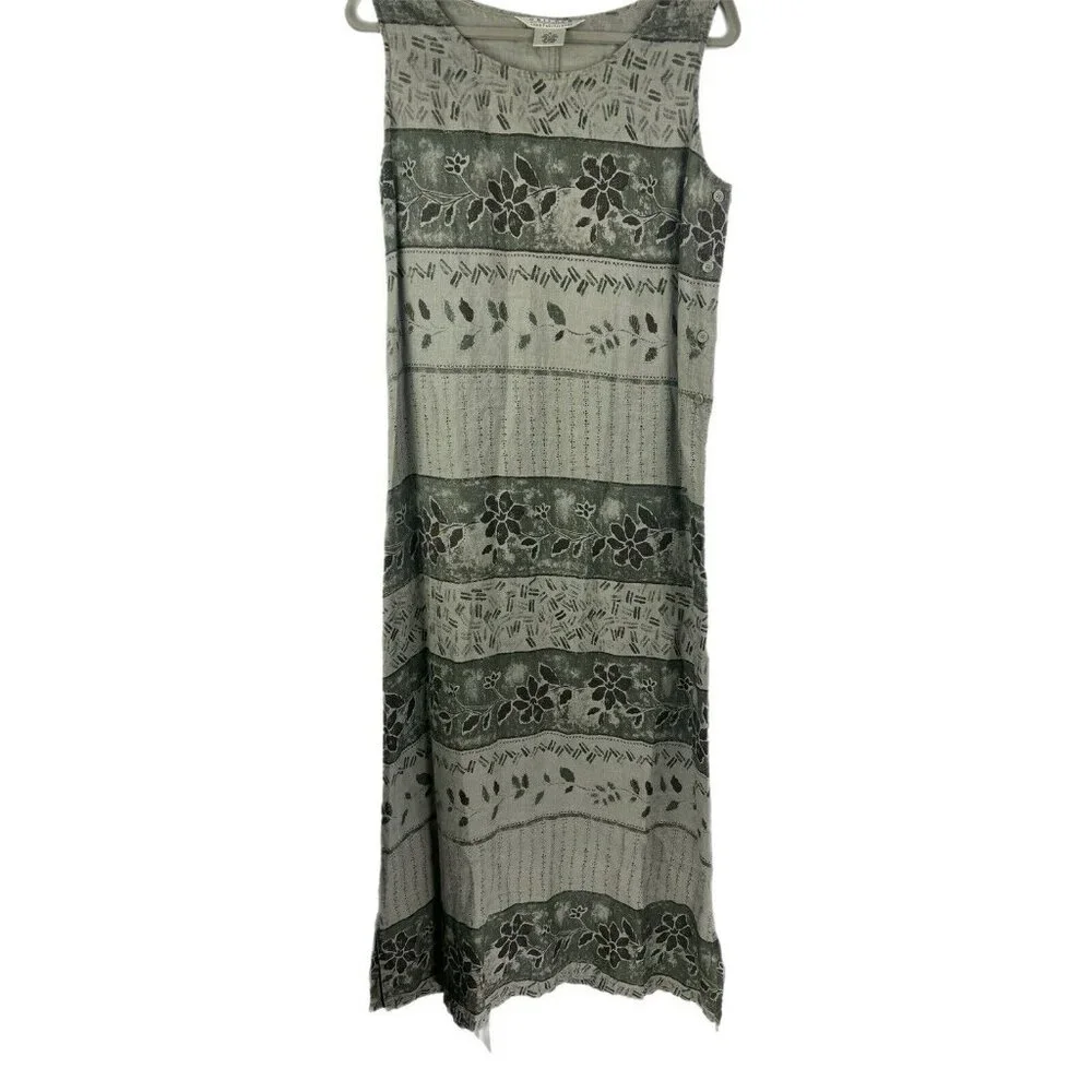 VTG 90s Uniform John Paul Richard Womens Dress Sz‎ M Linen Green Maxi Floral Y2K